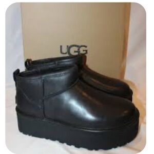 UGG Black Leather Platform Ultra Mini Boots